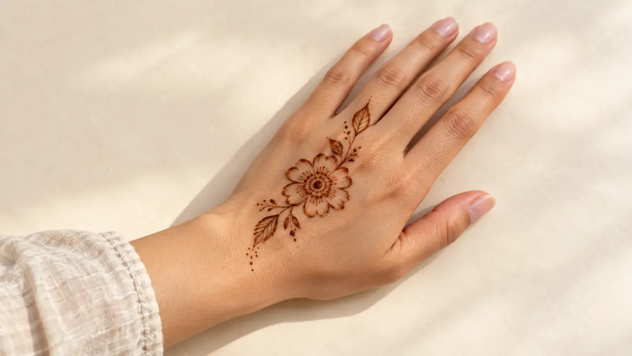 Motif floral au henné sur le dos de la main