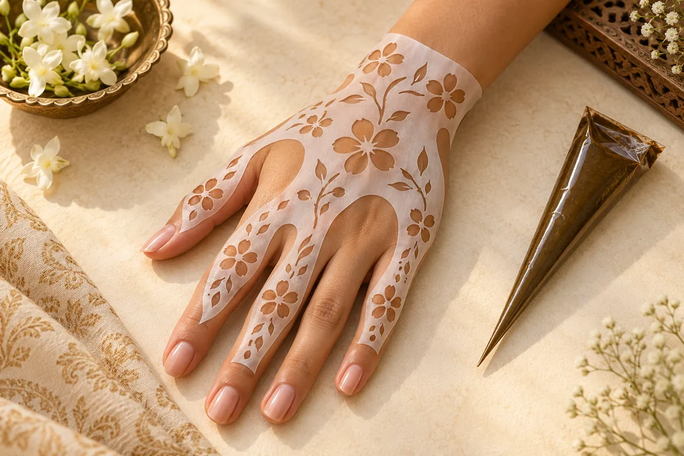 Illustration d’un pochoir floral posé sur une main