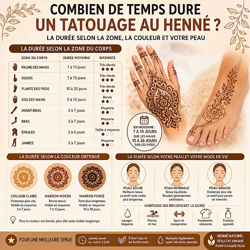 Combien de temps dure un tatouage au henné selon les mains les pieds la couleur et le type de peau