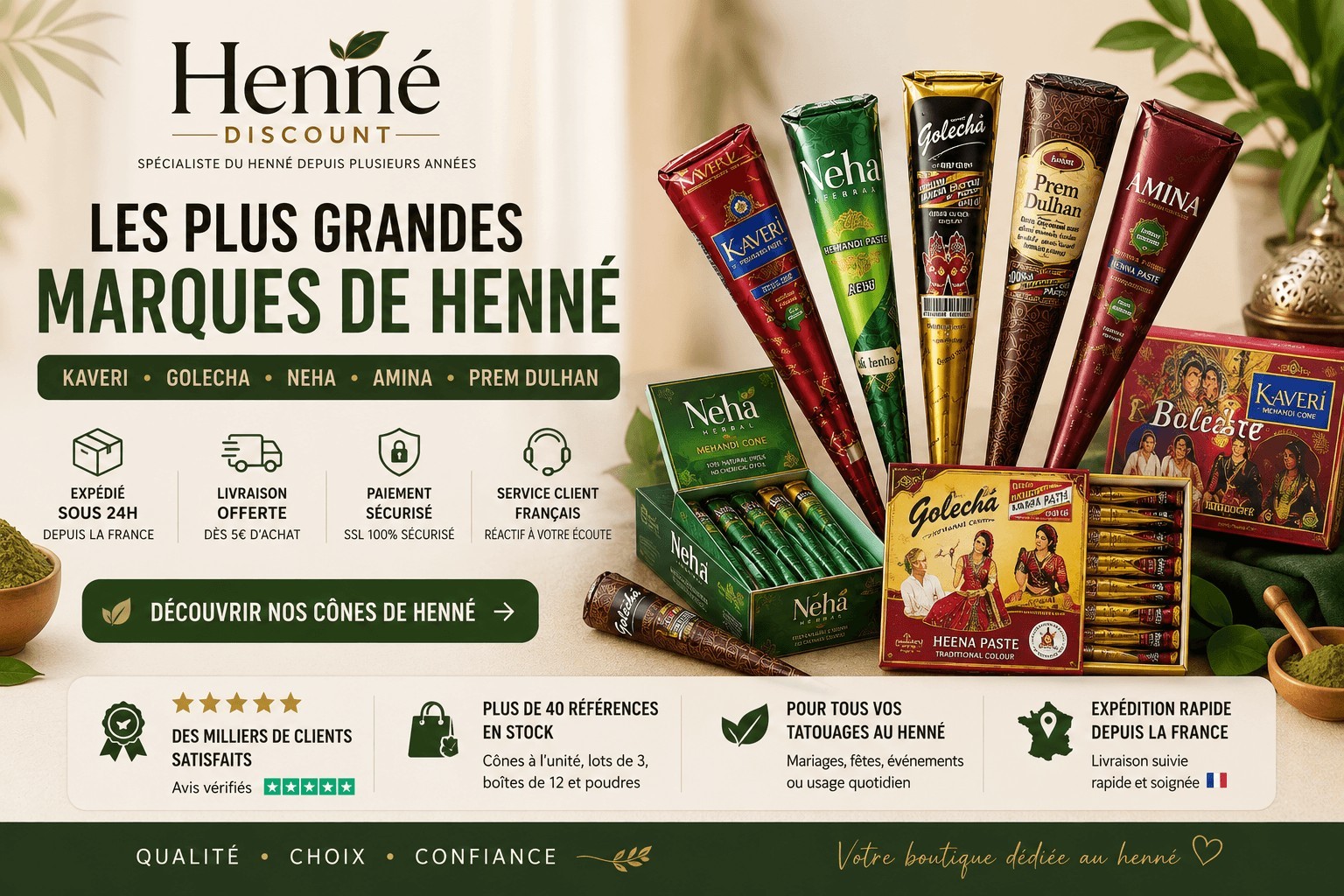Depuis 2011, Henné Discount sélectionne les marques de henné les plus recherchées pour vous proposer un large choix de cônes prêts à l'emploi, de boîtes professionnelles et de henné en poudre au meilleur prix.